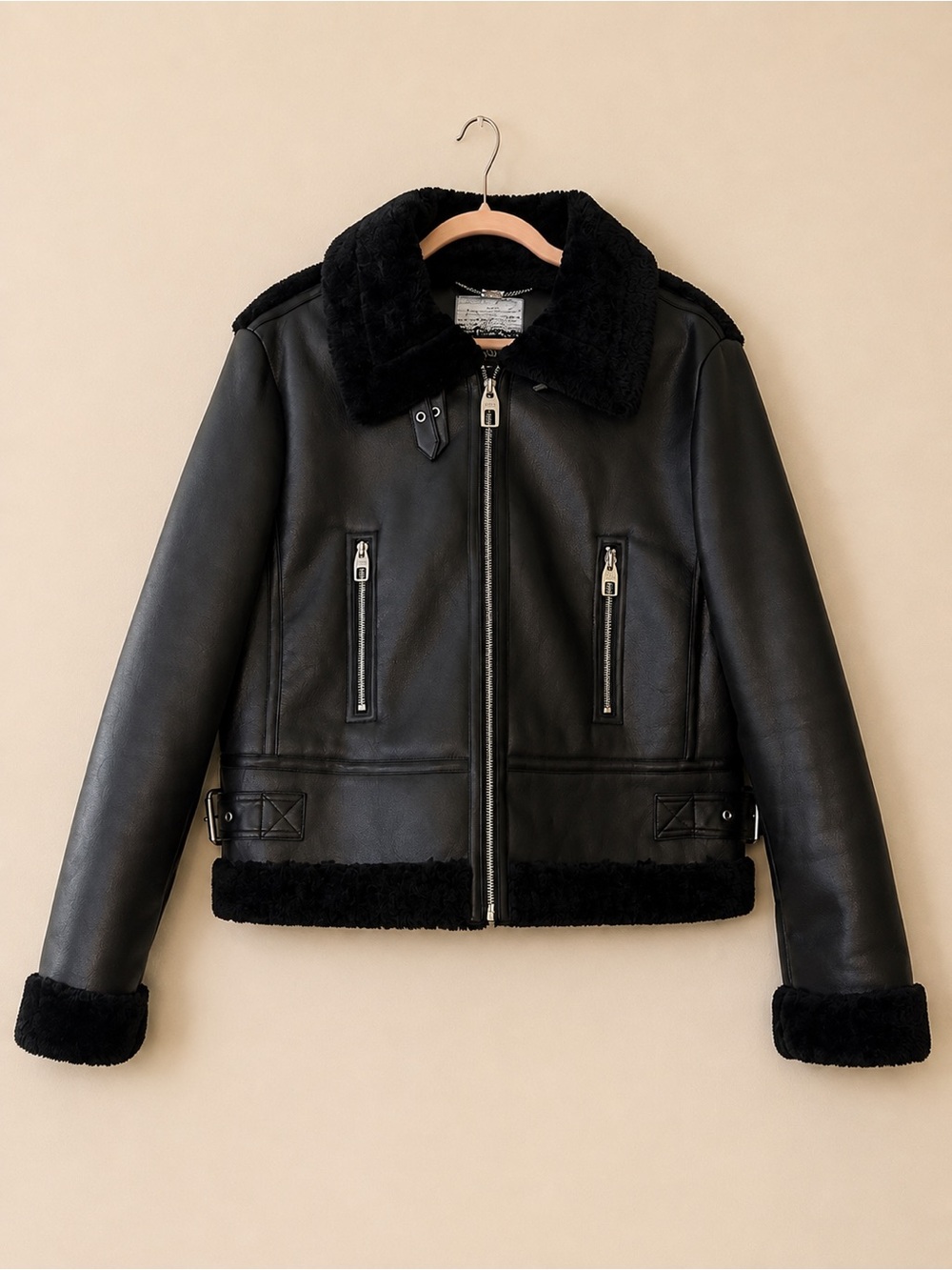 Kensie Black Faux Shearling-Trim Moto Bomber Jacket